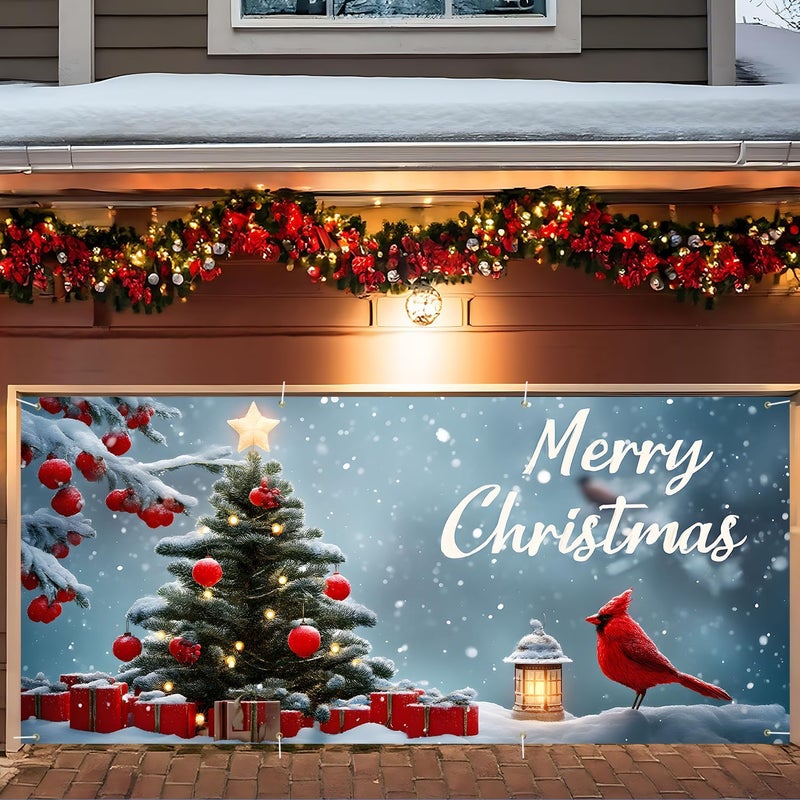 ANNA QUEEN Christmas Garage Door Banner 6x13FT, Cardinal Bird & Ornament Christmas Tree Scene, Large Outdoor Garage Door Cover for Holiday Yard Decorations, Winter Snow Xmas Party Backdrop - Image 1